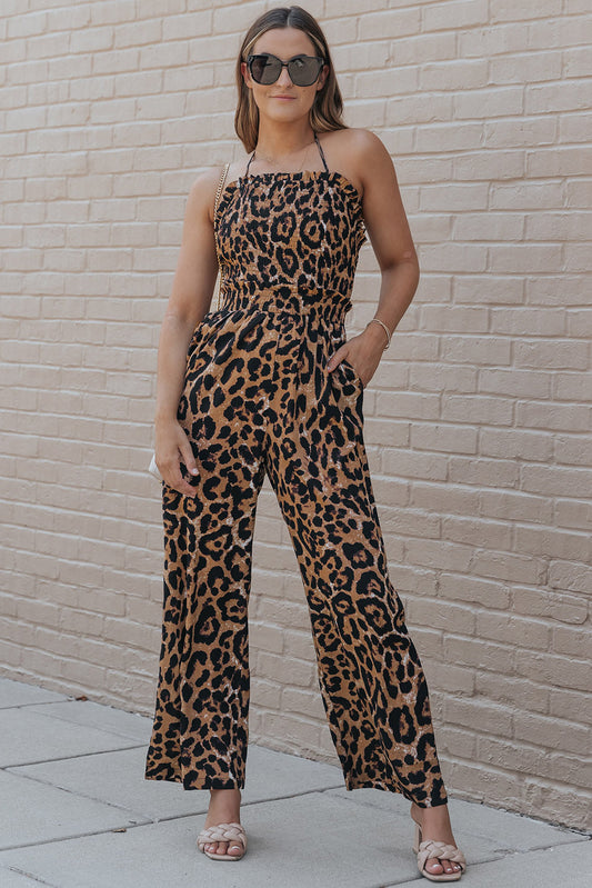 Leopard Print Halter Neck Backless Wide Leg Jumpsuit