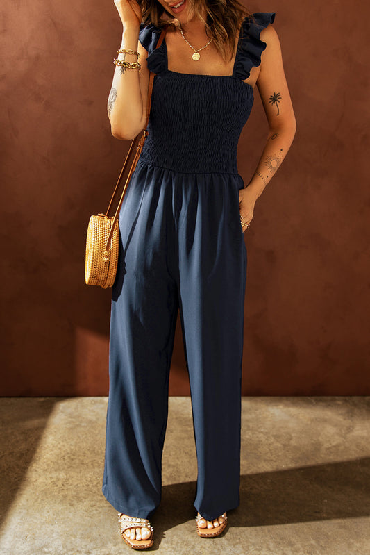 Blue Flutter Sleeve Smocked Wide Leg Formal Jumpsuit