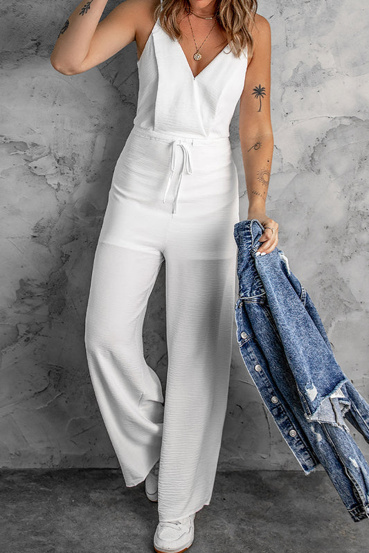 White Spaghetti Strap Wide Leg Drawstring High Waist Jumpsuit